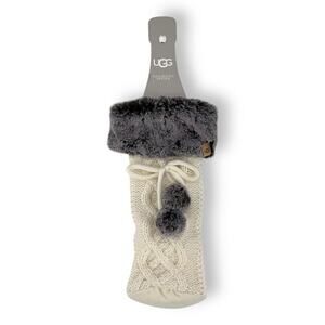 New - Ugg White Cable Knit Wine Bottle Holder Faux Fur, Great Christmas Gift